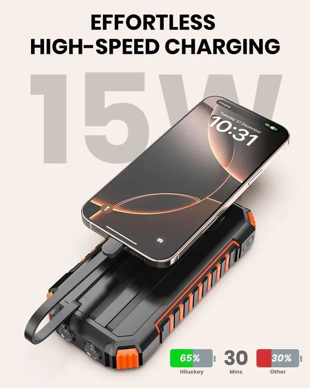 Alt view image 5 of 7 - Solar Power Bank Portable Charger 27000mAh Built-in 3 Cables Solar Phone Charger - 15W PD QC 3.0 Fast Charging Outdoor Battery Pack for iPhone Android Dual Flashlight (Orange)