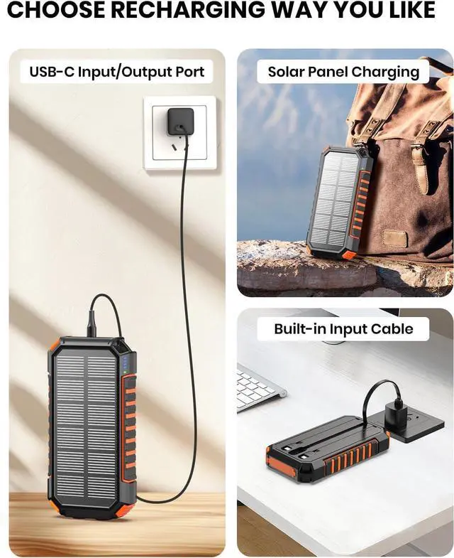 Alt view image 6 of 7 - Solar Power Bank Portable Charger 27000mAh Built-in 3 Cables Solar Phone Charger - 15W PD QC 3.0 Fast Charging Outdoor Battery Pack for iPhone Android Dual Flashlight (Orange)