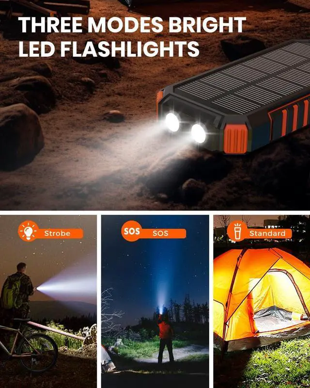 Alt view image 7 of 7 - Solar Power Bank Portable Charger 27000mAh Built-in 3 Cables Solar Phone Charger - 15W PD QC 3.0 Fast Charging Outdoor Battery Pack for iPhone Android Dual Flashlight (Orange)