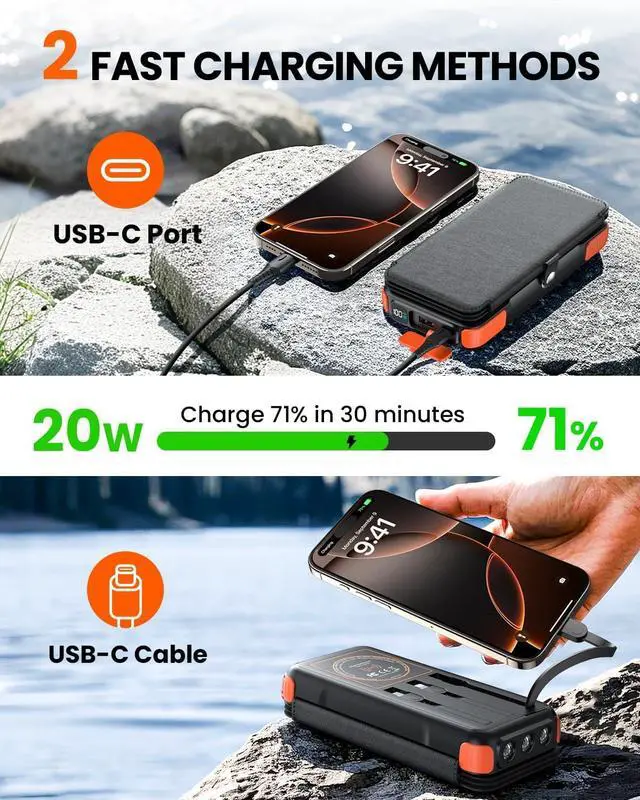 Alt view image 4 of 7 - Wireless Solar Power Bank 25000mAh Solar Charger with Built-in 3 Cables Dual Outputs 4 Solar Panels & 3 LED Flashlights Portable Phone Charger for Outdoor Camping
