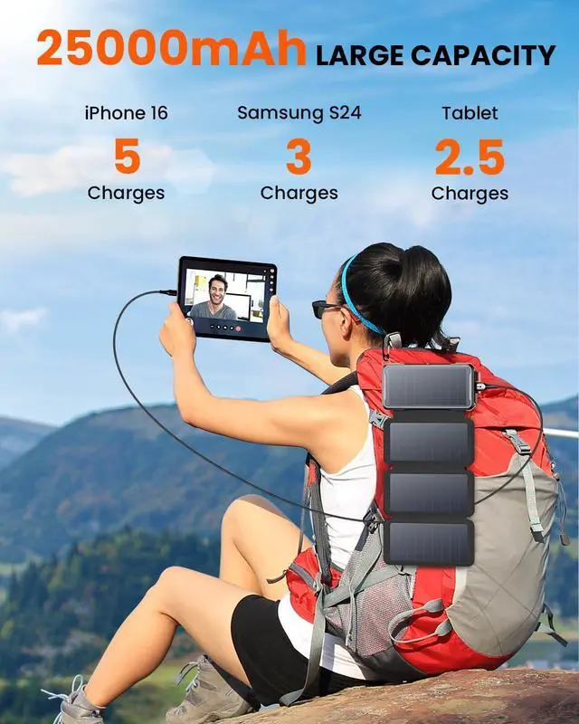 Alt view image 5 of 7 - Wireless Solar Power Bank 25000mAh Solar Charger with Built-in 3 Cables Dual Outputs 4 Solar Panels & 3 LED Flashlights Portable Phone Charger for Outdoor Camping