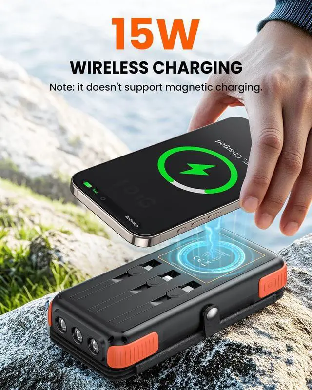Alt view image 6 of 7 - Wireless Solar Power Bank 25000mAh Solar Charger with Built-in 3 Cables Dual Outputs 4 Solar Panels & 3 LED Flashlights Portable Phone Charger for Outdoor Camping