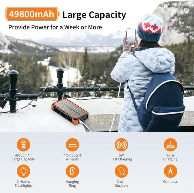 Alt view image 7 of 7 - Solar Charger Power Bank 49800mAh Wireless Charger QC 3.0 Fast Charging Power Bank 8 Outputs 4 Inputs Solar Portable Charger Compatible with All Mobile Devices,SOS/Strobe/Strong Flashlights (orange)