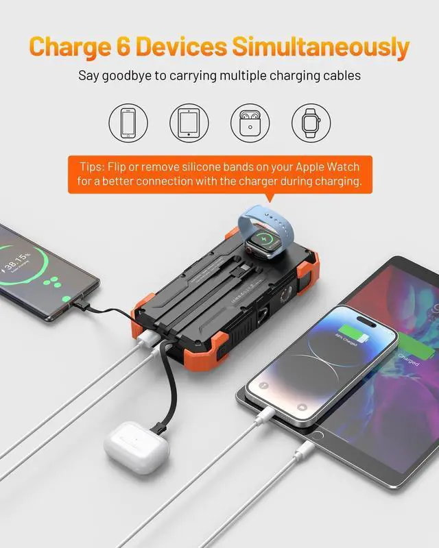 Alt view image 3 of 7 - Solar Power Bank 42800mAh Portable Charger 20W Fast Charging External Battery Pack Built in 4 Cables Wireless Charging Power Bank for  Watches with Flashlight Carabiner Thermometer