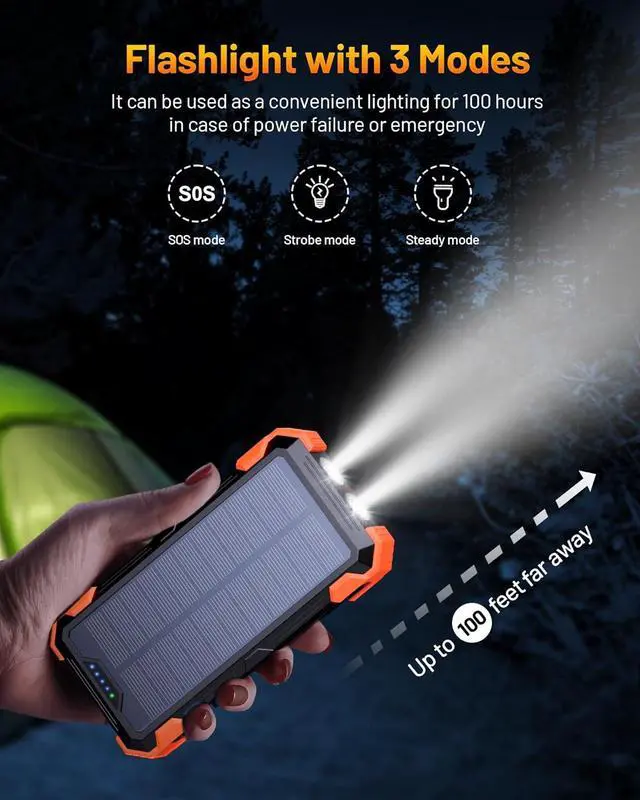 Alt view image 6 of 7 - Solar Power Bank 42800mAh Portable Charger 20W Fast Charging External Battery Pack Built in 4 Cables Wireless Charging Power Bank for  Watches with Flashlight Carabiner Thermometer