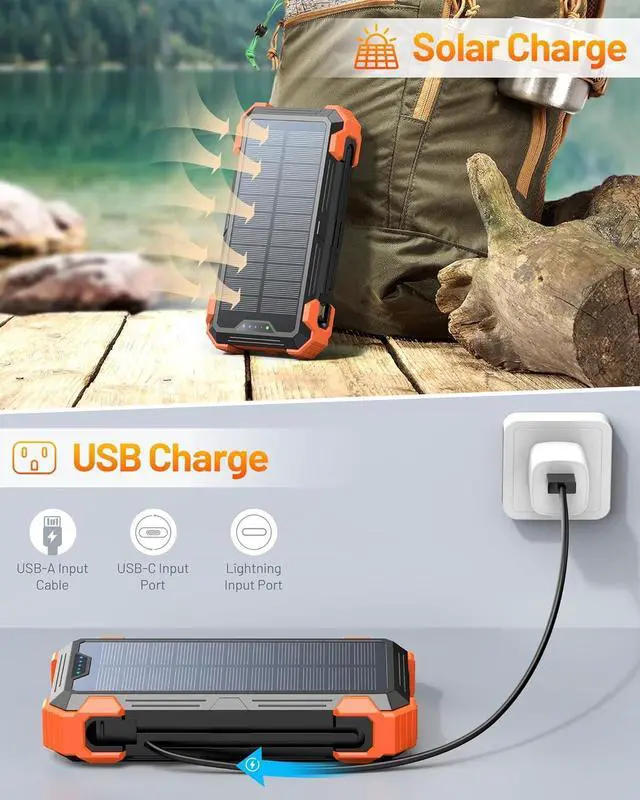 Alt view image 7 of 7 - Solar Power Bank 42800mAh Portable Charger 20W Fast Charging External Battery Pack Built in 4 Cables Wireless Charging Power Bank for  Watches with Flashlight Carabiner Thermometer