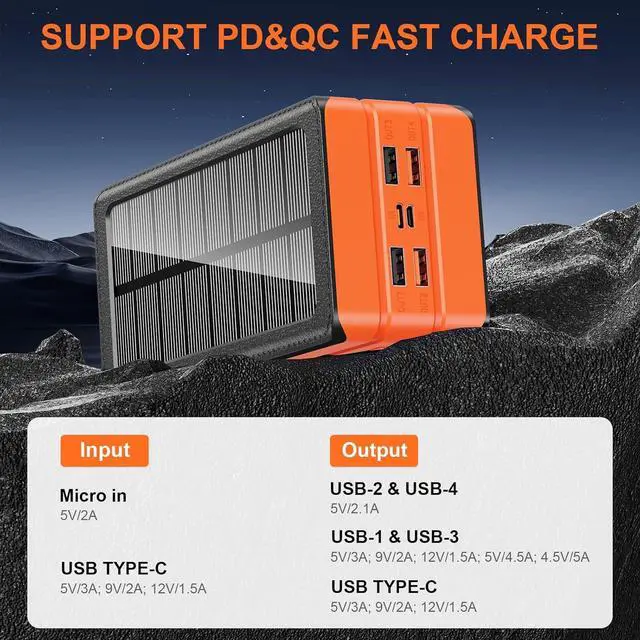 Alt view image 5 of 7 - Solar Power Bank Battery Pack 80000mAh PD 22.5W Fast Charging Cellephone Charger USB-C in&Out with 9 LED Lights 3 Modes Flashlight Compatible with iPhone Tablet Earphone for Camping Outdoor