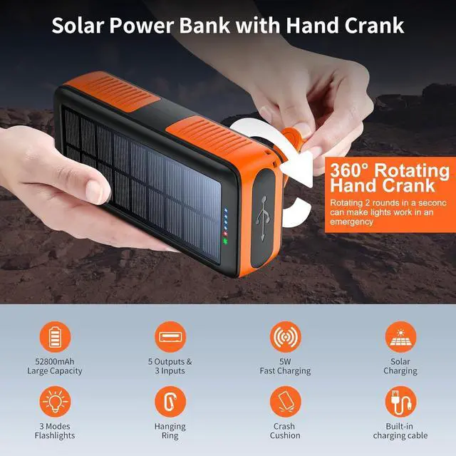 Alt view image 5 of 7 - Solar Charger Power Bank 63200mAh Portable Charger with Dual Outputs & Dual Inputs 4 LEDs Flashlight Hand Crank Power Bank Fast Charging Battery Pack for Outdoor Camping Survival Gear