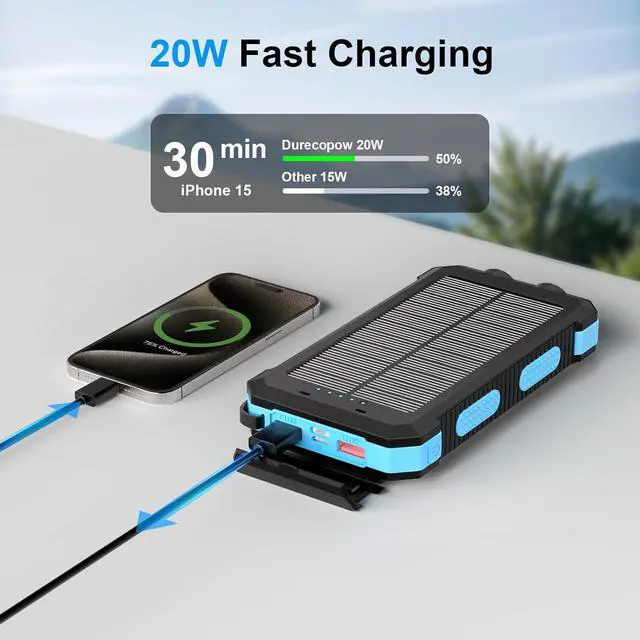 Alt view image 3 of 7 - Power Bank Solar Charger 49800mAh Portable Charger for Phone& Watch Wireless with PD 20W QC3.0 Fast Charging Built-in Type-C Cable Compatible with iPhone etc LED Flashlight Perfect for Camping