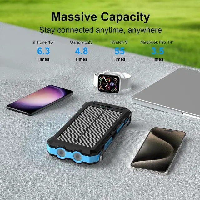 Alt view image 4 of 7 - Power Bank Solar Charger 49800mAh Portable Charger for Phone& Watch Wireless with PD 20W QC3.0 Fast Charging Built-in Type-C Cable Compatible with iPhone etc LED Flashlight Perfect for Camping