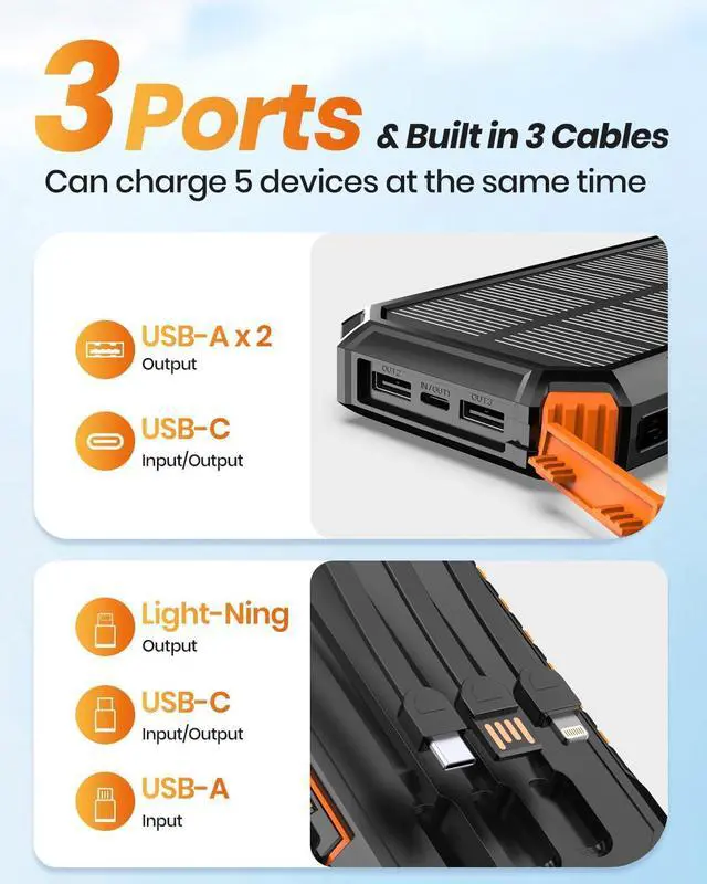 Alt view image 4 of 7 - Solar Charger for Outdoor: 27000mAh Power Bank with Built-in Cables - 15W Fast Charging Portable Charger with 2 Flashlights for iPhone Android -External Battery Pack for Camping Emergency