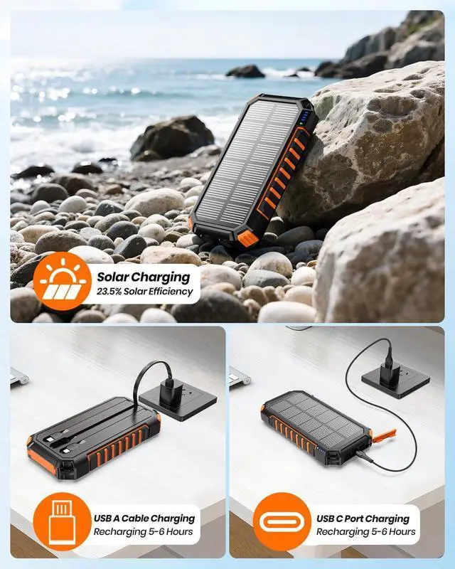 Alt view image 5 of 7 - Solar Charger for Outdoor: 27000mAh Power Bank with Built-in Cables - 15W Fast Charging Portable Charger with 2 Flashlights for iPhone Android -External Battery Pack for Camping Emergency
