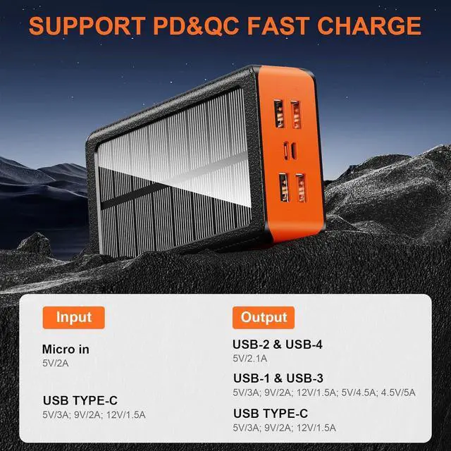 Alt view image 5 of 7 - Solar Charger Power Bank 66800mAh Portable Charger with USB-C in/Output 22.5W QC3.0 Fast Charging 5 Out Ports Battery Pack Built-in 32 Led Flashlights for iPhone  Tablet Camping