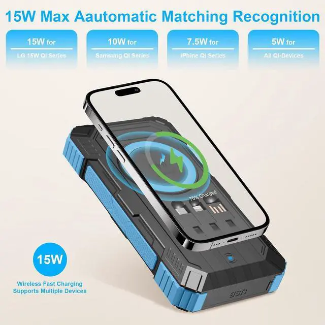 Alt view image 3 of 7 - Solar Charger Power Bank 49800mAh Wireless Portable Phone Charger, 22.5W QC3.0 Fast Charging Built in 4 Cables with USB C 6 Outputs & 2 Inputs for Cell Phone
