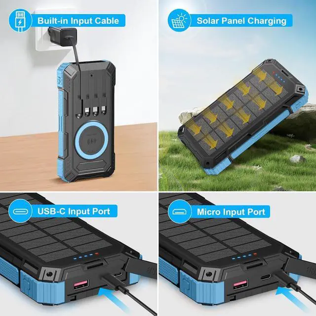 Alt view image 4 of 7 - Solar Charger Power Bank 49800mAh Wireless Portable Phone Charger, 22.5W QC3.0 Fast Charging Built in 4 Cables with USB C 6 Outputs & 2 Inputs for Cell Phone
