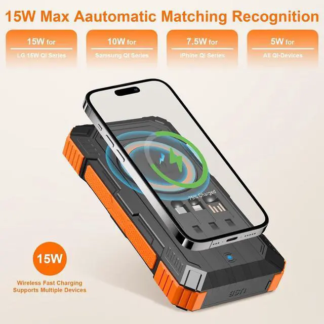 Alt view image 3 of 7 - Solar Charger Power Bank 49800mAh Wireless Portable Phone Charger, 22.5W QC3.0 Fast Charging Built in 4 Cables with USB C 6 Outputs & 2 Inputs for Cell Phone Orange