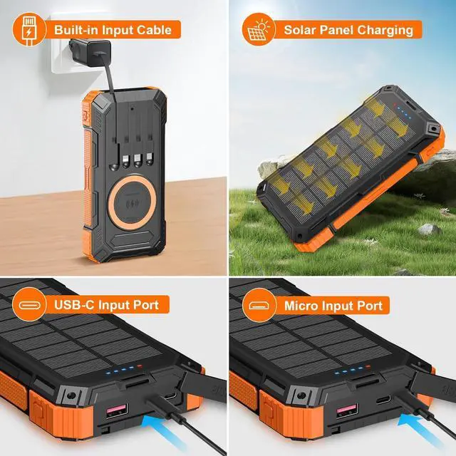 Alt view image 4 of 7 - Solar Charger Power Bank 49800mAh Wireless Portable Phone Charger, 22.5W QC3.0 Fast Charging Built in 4 Cables with USB C 6 Outputs & 2 Inputs for Cell Phone Orange