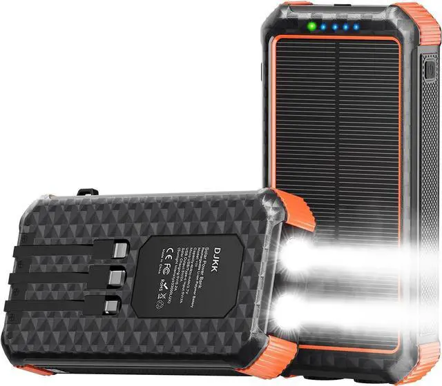Main image of Solar Portable Charger Power Bank:46800mAh Phone Powered Battery Pack Built-in 3 Cables 15w Fast Charging 4 Output for All Mobile Devices Dual Flashlights&Compass for Travel/Camping/Emergency (Orange)