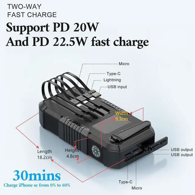 Alt view image 5 of 7 - Solar Power Bank 66800mAh Built in Hand Crank and 4 Cables 22.5W Fast Charge Camping Essentials/SOS/Strobe/Strong Flashlights Compass Solar Portable Charger Power Bank (Black)
