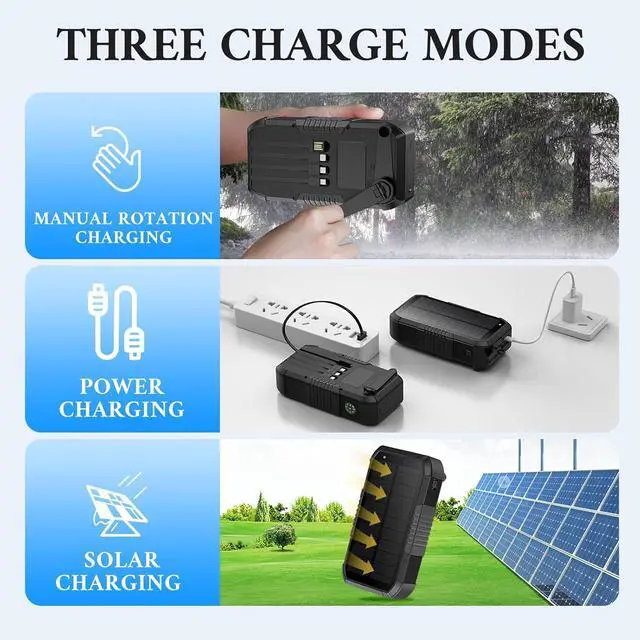 Alt view image 4 of 7 - Solar Power Bank 66800mAh Hand Crank 22.5W USB-C Fast Charging 6 Outputs & 4 Inputs SOS/Strobe/Compass for Camping/Hiking/Trips (Black)