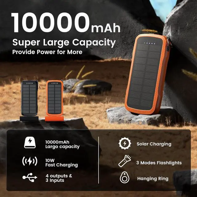 Alt view image 2 of 7 - Solar Charger Power Bank 20W Fast Charging Solar Power Bank IP69 Waterproof Portable Charger 10 000mAh Wireless Charger with 2 Flashlights Portable Phone Charger for All Mobile Devices (Orange)