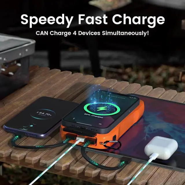 Alt view image 3 of 7 - Solar Charger Power Bank 20W Fast Charging Solar Power Bank IP69 Waterproof Portable Charger 10 000mAh Wireless Charger with 2 Flashlights Portable Phone Charger for All Mobile Devices (Orange)