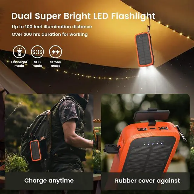 Alt view image 7 of 7 - Solar Charger Power Bank 20W Fast Charging Solar Power Bank IP69 Waterproof Portable Charger 10 000mAh Wireless Charger with 2 Flashlights Portable Phone Charger for All Mobile Devices (Orange)