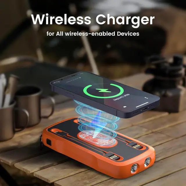 Alt view image 4 of 7 - Solar Charger Power Bank 20W Fast Charging Solar Power Bank IP69 Waterproof Portable Charger 10 000mAh Wireless Charger with 2 Flashlights Portable Phone Charger for All Mobile Devices (Orange)