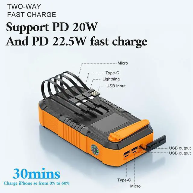 Alt view image 4 of 7 - Solar Charger Power Bank 66800mAh Built in Hand Crank and 4 Cables 22.5W Fast Charging PowerBank 6 Outputs & 4 Inputs Portable Charger with Camping Flashlights & Compass for Outdoor (Orange)