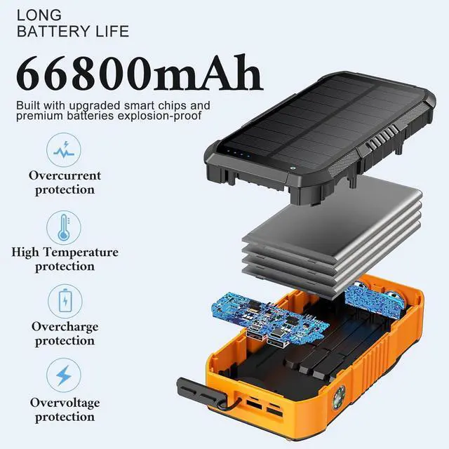 Alt view image 5 of 7 - Solar Charger Power Bank 66800mAh Built in Hand Crank and 4 Cables 22.5W Fast Charging PowerBank 6 Outputs & 4 Inputs Portable Charger with Camping Flashlights & Compass for Outdoor (Orange)