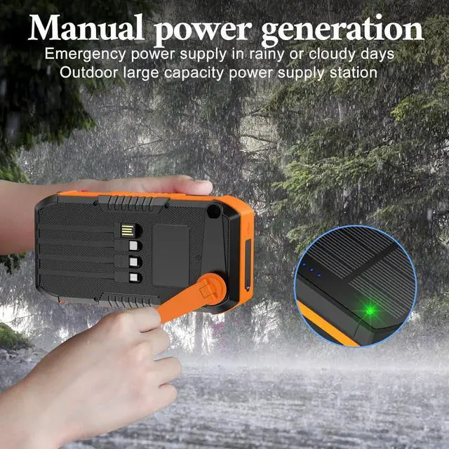 Alt view image 7 of 7 - Solar Charger Power Bank 66800mAh Built in Hand Crank and 4 Cables 22.5W Fast Charging PowerBank 6 Outputs & 4 Inputs Portable Charger with Camping Flashlights & Compass for Outdoor (Orange)
