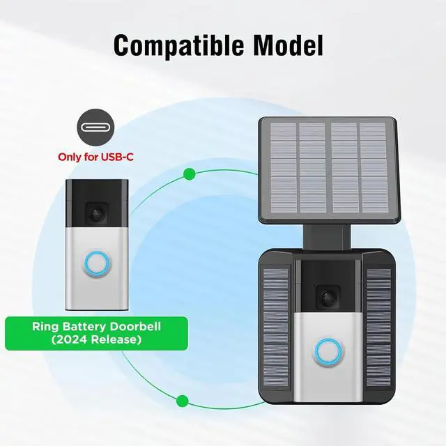Alt view image 2 of 7 - Solar Charger Compatible with Battery Doorbell (2024 Release) Waterproof Continuously Solar Panel Adjustable Panel Only for USB-C Port Video Doorbell