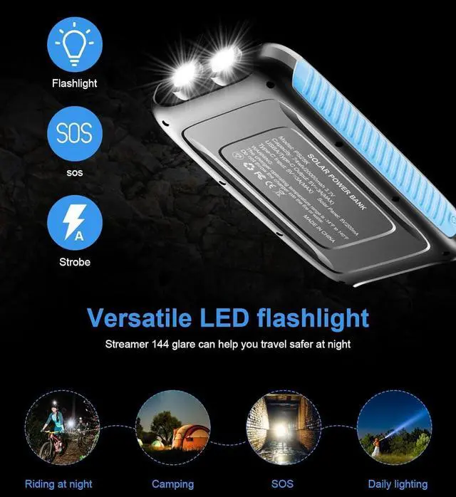 Alt view image 3 of 7 - Power-Bank-Solar-Charger - 20000mAh Power Bank Portable Charger External Battery Pack 5V/3A Type C Input Output Dual Built-in Super Bright Flashlight Carabiner Solar Panel Charging