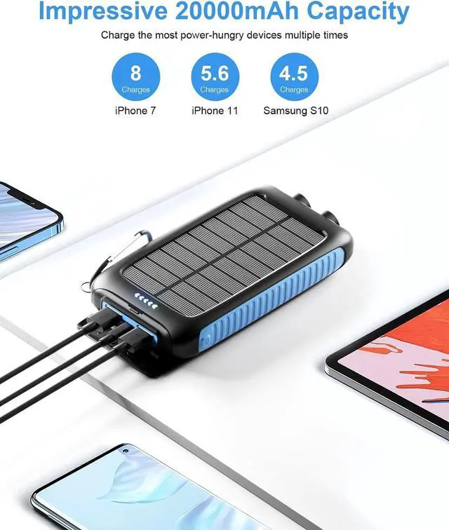Alt view image 4 of 7 - Power-Bank-Solar-Charger - 20000mAh Power Bank Portable Charger External Battery Pack 5V/3A Type C Input Output Dual Built-in Super Bright Flashlight Carabiner Solar Panel Charging