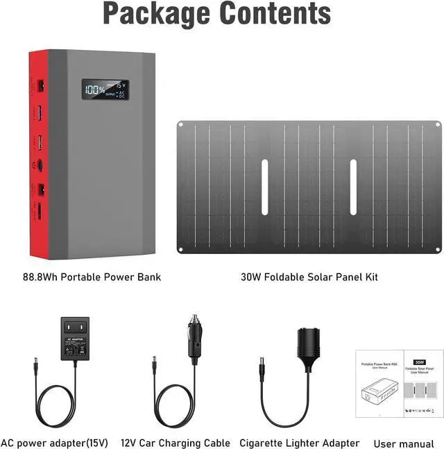 Alt view image 7 of 7 - Portable Power Bank with AC Outlet 65W 110V External Battery Pack 24000mAh Portable Laptop Charger with 30W Foldable Solar Panel Charger for Outdoor Smart Device Camping RV Trip Off Grid-Red