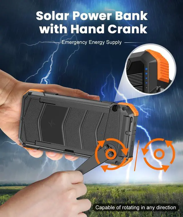 Alt view image 5 of 7 - Solar Charger with 7 Panels Portable Solar Power Bank 15W Fast Charging Hand Crank Generator Built-in Lighter & Dual Flashlights