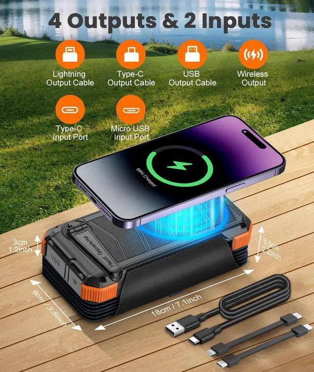 Alt view image 6 of 7 - Solar Charger with 7 Panels Portable Solar Power Bank 15W Fast Charging Hand Crank Generator Built-in Lighter & Dual Flashlights