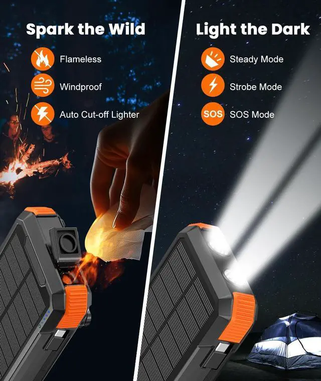 Alt view image 7 of 7 - Solar Charger with 7 Panels Portable Solar Power Bank 15W Fast Charging Hand Crank Generator Built-in Lighter & Dual Flashlights