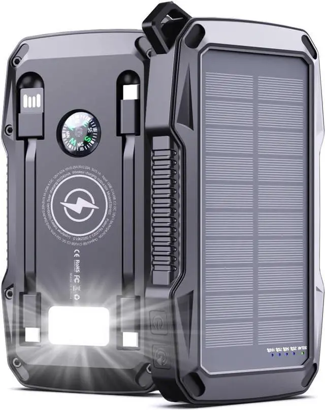 Main image of Solar Charger Power Bank 10000mAh with Security Alarm 22.5W Fast Charging Portable Wireless Phone Charger Dual USB C Cables LED Flashlight External Battery Pack for Outdoor Camping Hiking Travel