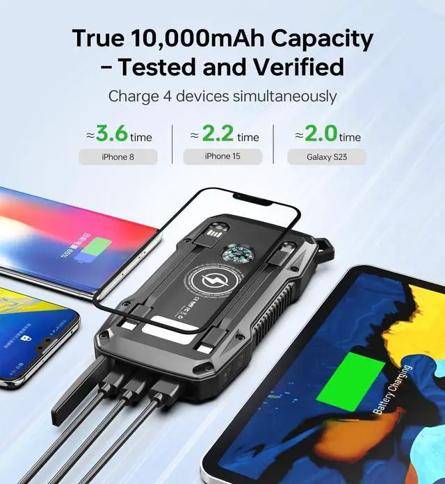 Alt view image 5 of 7 - Solar Charger Power Bank 10000mAh with Security Alarm 22.5W Fast Charging Portable Wireless Phone Charger Dual USB C Cables LED Flashlight External Battery Pack for Outdoor Camping Hiking Travel