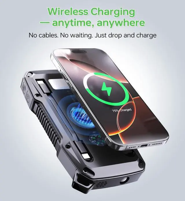 Alt view image 6 of 7 - Solar Charger Power Bank 10000mAh with Security Alarm 22.5W Fast Charging Portable Wireless Phone Charger Dual USB C Cables LED Flashlight External Battery Pack for Outdoor Camping Hiking Travel