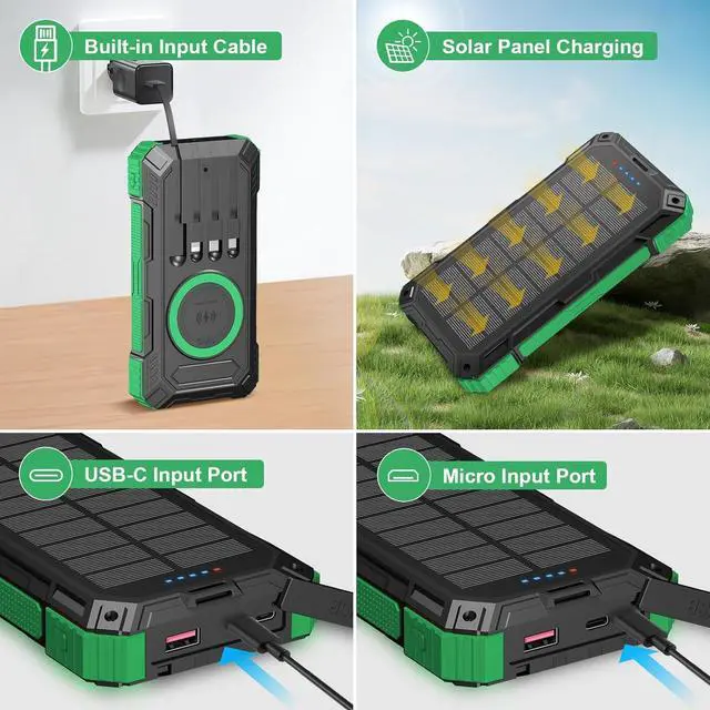 Alt view image 4 of 7 - Solar Charger Power Bank 49800mAh Wireless Portable Phone Charger 22.5W QC3.0 Fast Charging Built in 4 Cables with USB C 6 Outputs & 2 Inputs for Cell Phone
