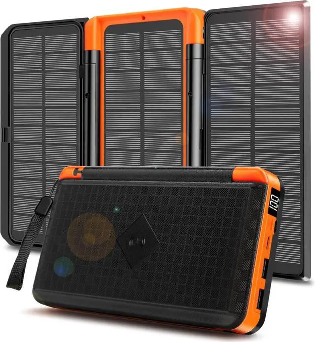 Main image of Solar Powered Power Bank LED Display, 20000mAh Full Capacity Portable Power Bank Wireless Charger for Cell Phone and iPhone 16, Multi-Port Battery Charger, with 3 Solar Panels