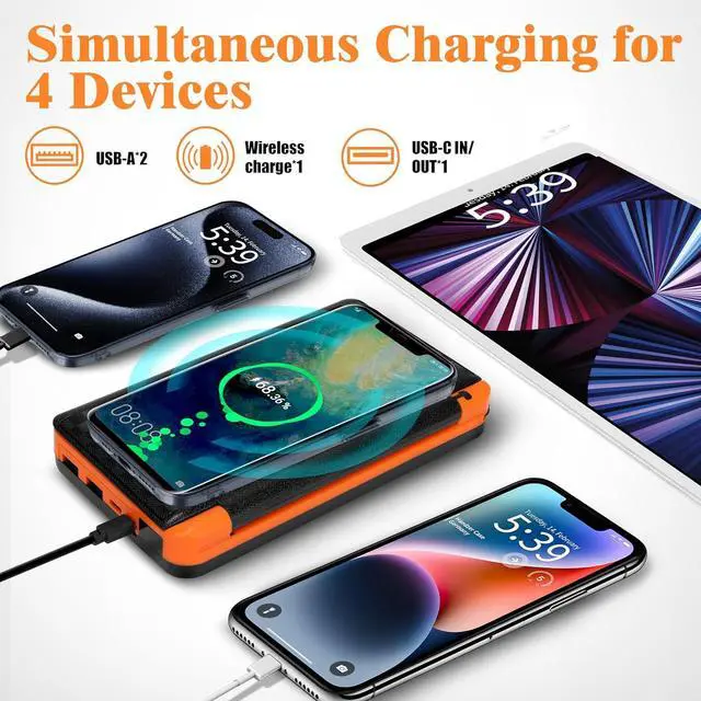 Alt view image 4 of 7 - Solar Powered Power Bank LED Display, 20000mAh Full Capacity Portable Power Bank Wireless Charger for Cell Phone and iPhone 16, Multi-Port Battery Charger, with 3 Solar Panels