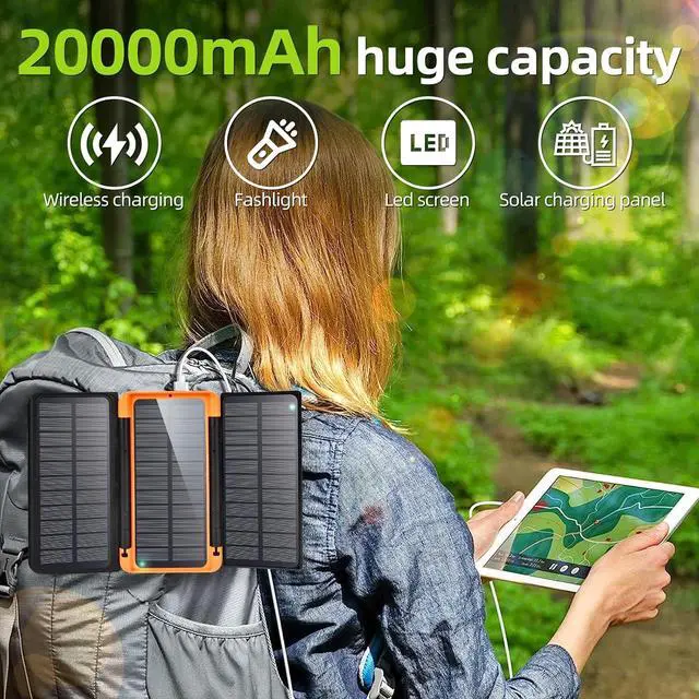 Alt view image 7 of 7 - Solar Powered Power Bank LED Display, 20000mAh Full Capacity Portable Power Bank Wireless Charger for Cell Phone and iPhone 16, Multi-Port Battery Charger, with 3 Solar Panels