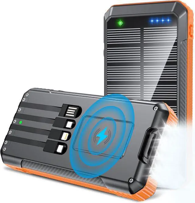 Main image of Power Bank Wireless Charger 52800mAh Built in 4 Cables 7 Outputs 22.5W Fast Charging Power Bank for All Mobile Devices 4Inputs Solar Portable Charger with Dual Flashlights (Orange)
