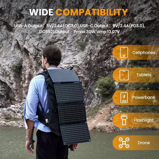 Alt view image 6 of 7 - 30 Watt Solar Panel Portable Foldable Backpacking Solar Panel Charger with USB-A USB-C & DC Output IP67 Waterproof Fast Charging for Cell Phone Power Bank iPad Camping Hiking Outdoor