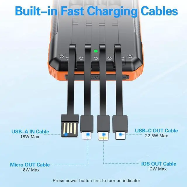 Alt view image 2 of 7 - Power Bank Wireless Charger 52800mAh Built in 4 Cables 7 Outputs 22.5W Fast Charging Power Bank for All Mobile Devices 4Inputs Solar Portable Charger with Dual Flashlights (Orange)