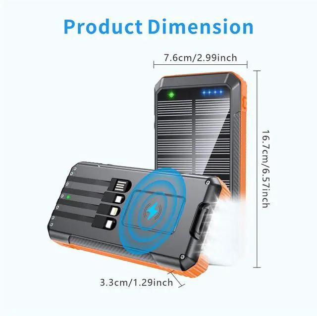 Alt view image 5 of 7 - Power Bank Wireless Charger 52800mAh Built in 4 Cables 7 Outputs 22.5W Fast Charging Power Bank for All Mobile Devices 4Inputs Solar Portable Charger with Dual Flashlights (Orange)