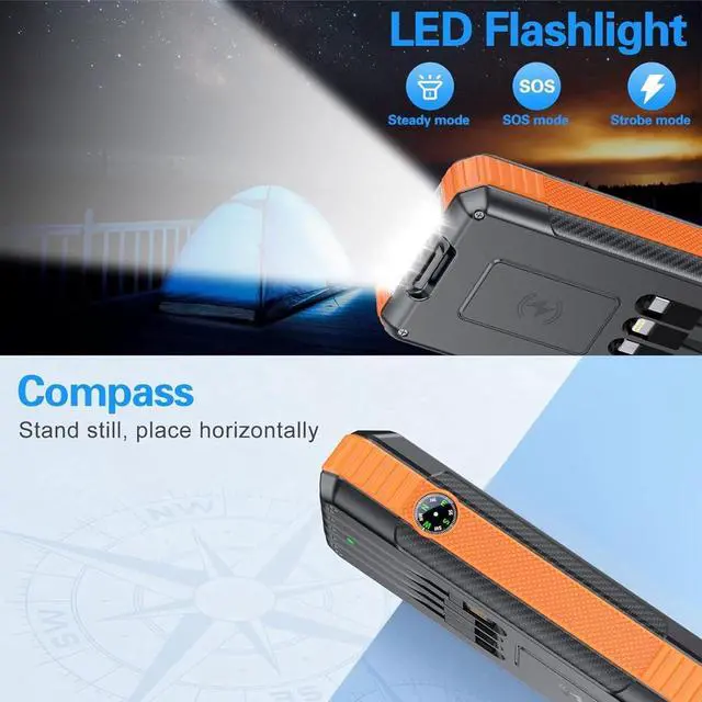 Alt view image 7 of 7 - Power Bank Wireless Charger 52800mAh Built in 4 Cables 7 Outputs 22.5W Fast Charging Power Bank for All Mobile Devices 4Inputs Solar Portable Charger with Dual Flashlights (Orange)